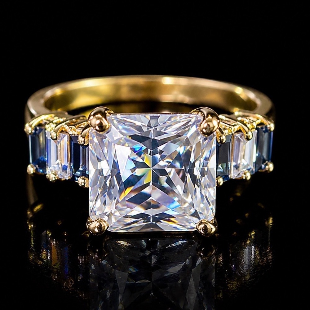 Princess Cut CZ Blue Baguette Accent Ring 925 Gold Tone 925 Sterling Silver sz8